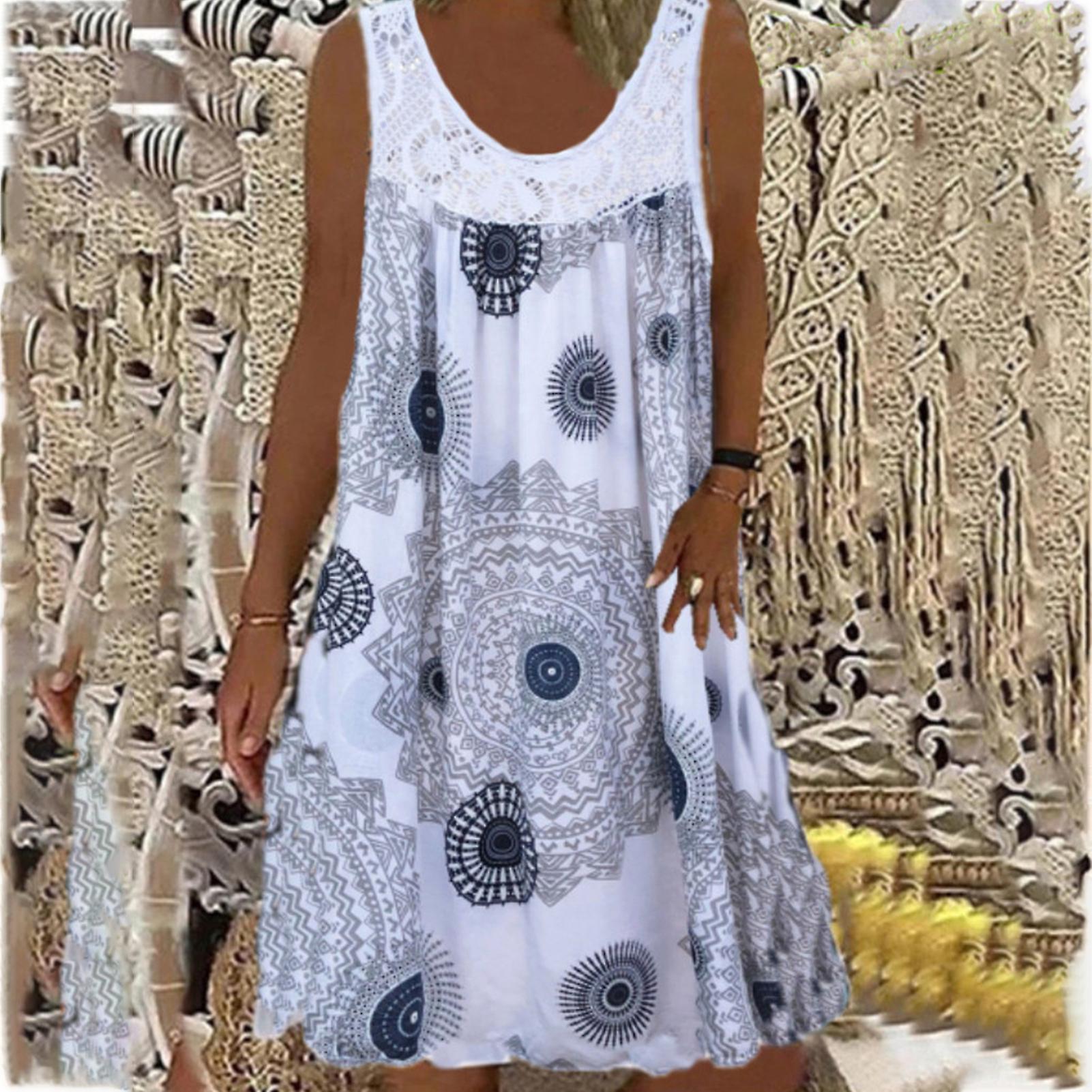 Kadın Çiçekli Gevşek Elbise Polyester Çiçek Baskı Kolsuz Gevşek Elbise