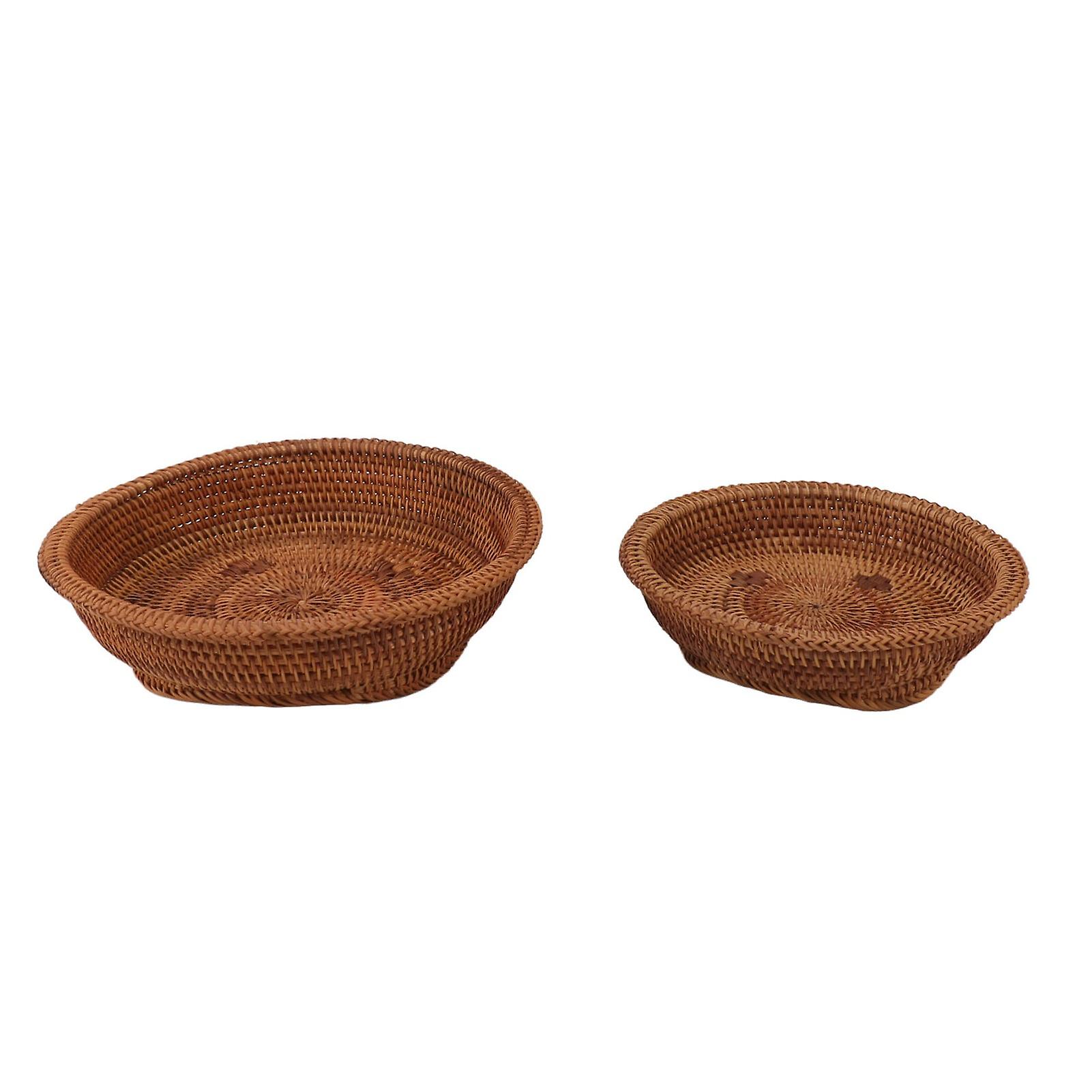 2 PCS Round Rattan Basket Unique Texture Hand Woven Process Natural Rattan Fruit Basket Bowls for Fruit Snack