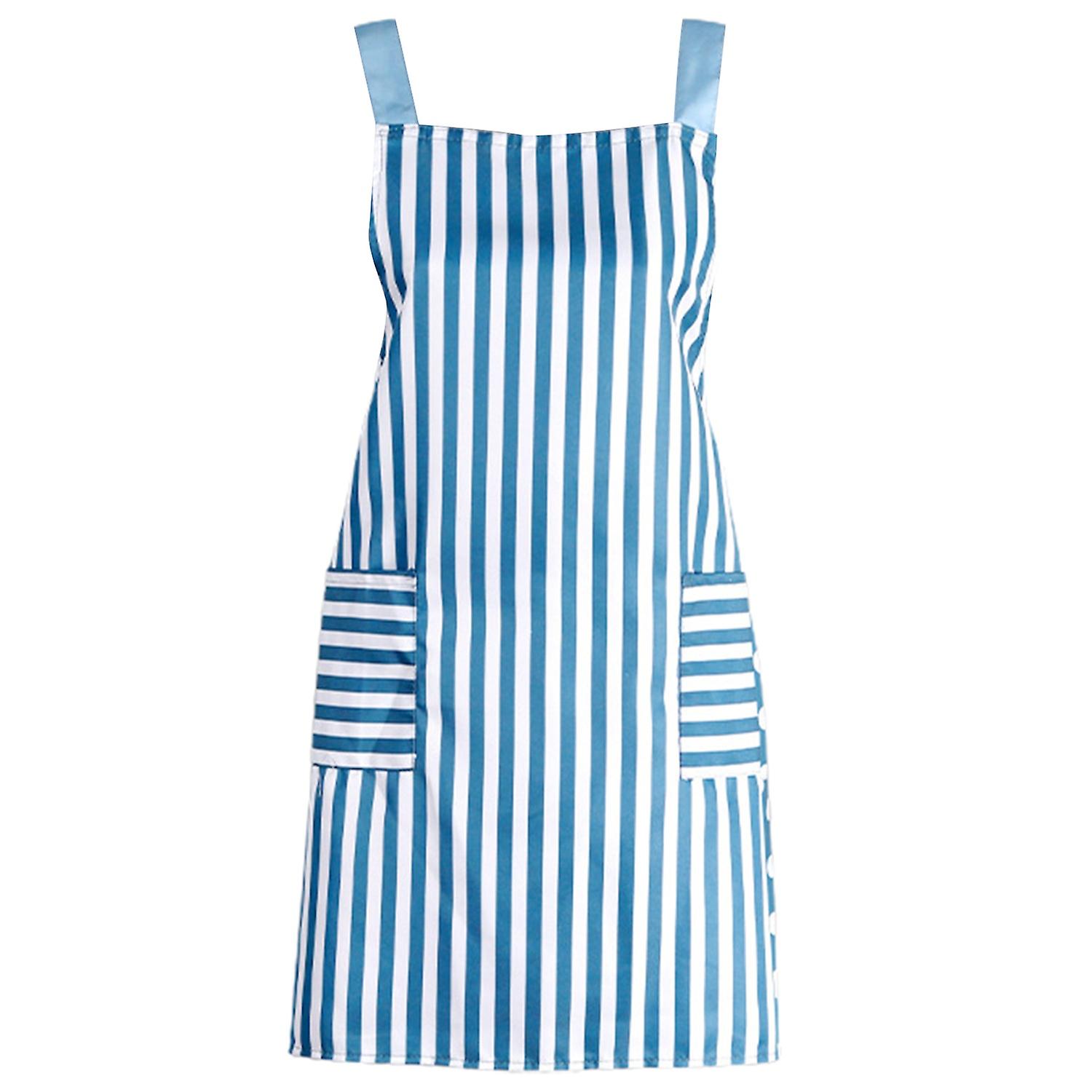 Double Pockets Kitchen Apron Back Strap Oilproof Polyester Cotton Dot Striped Pattern Waterproof