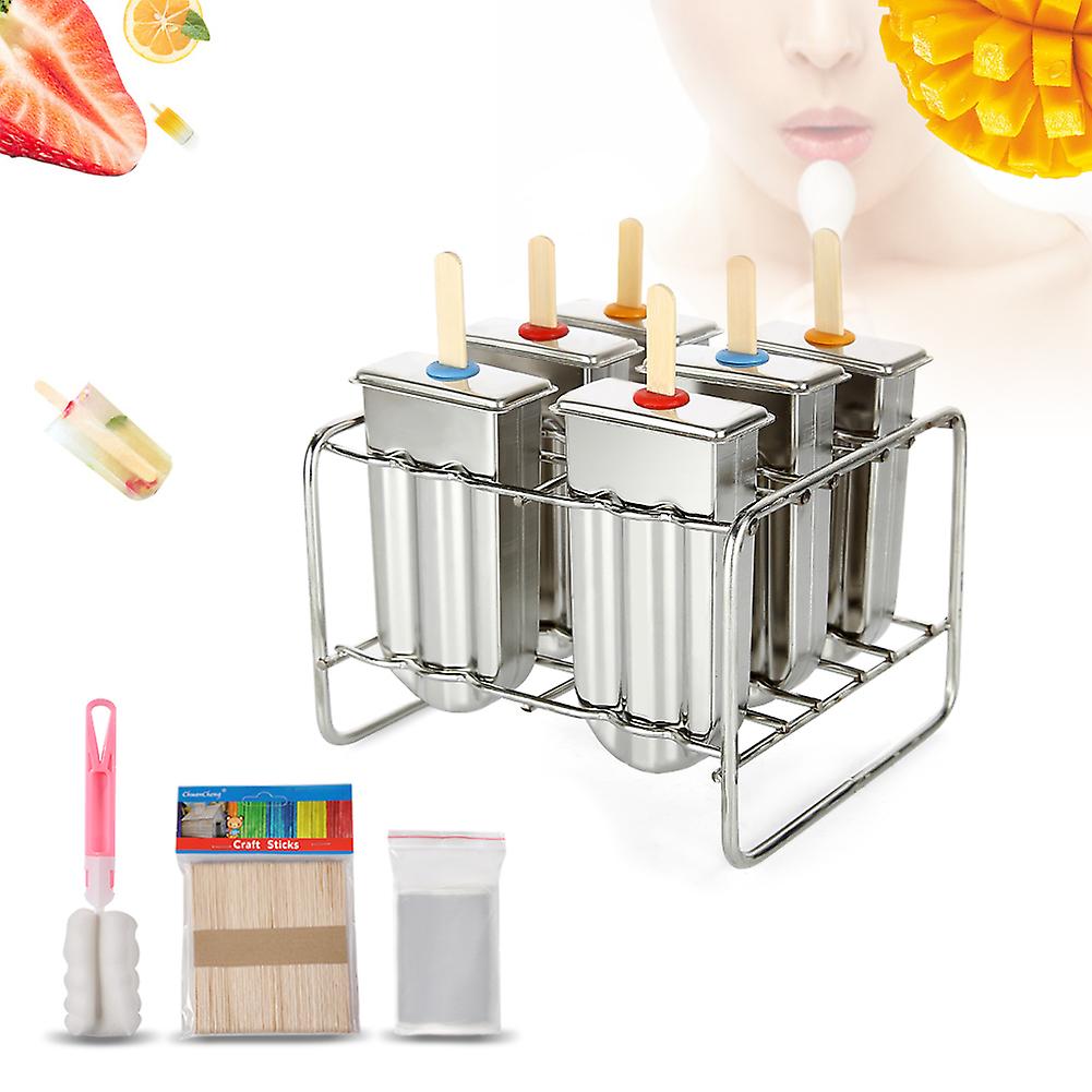 Stainless Steel Ice Cream Moulds DIY Popsicle Maker Home Use Six-Set with Rack Rounded Design Double Slot Includes Cleaning Brush Random Colou