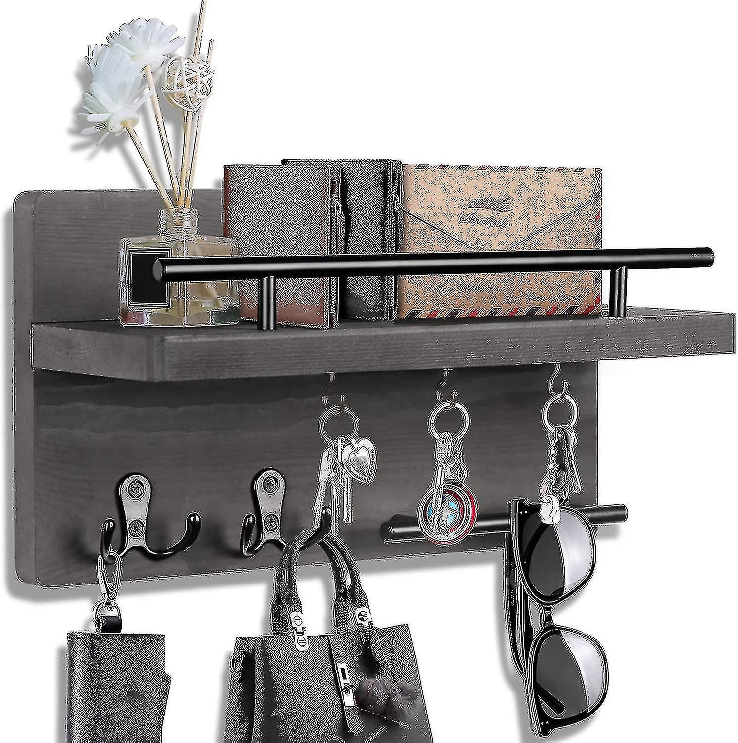 Key Holder For Wall Decorative With 5 Key Hooks, Wall Mounted Key Hangers For Wall With Mail Key Rack, Wooden Mail Organizer With Shelf, Rustic Home D