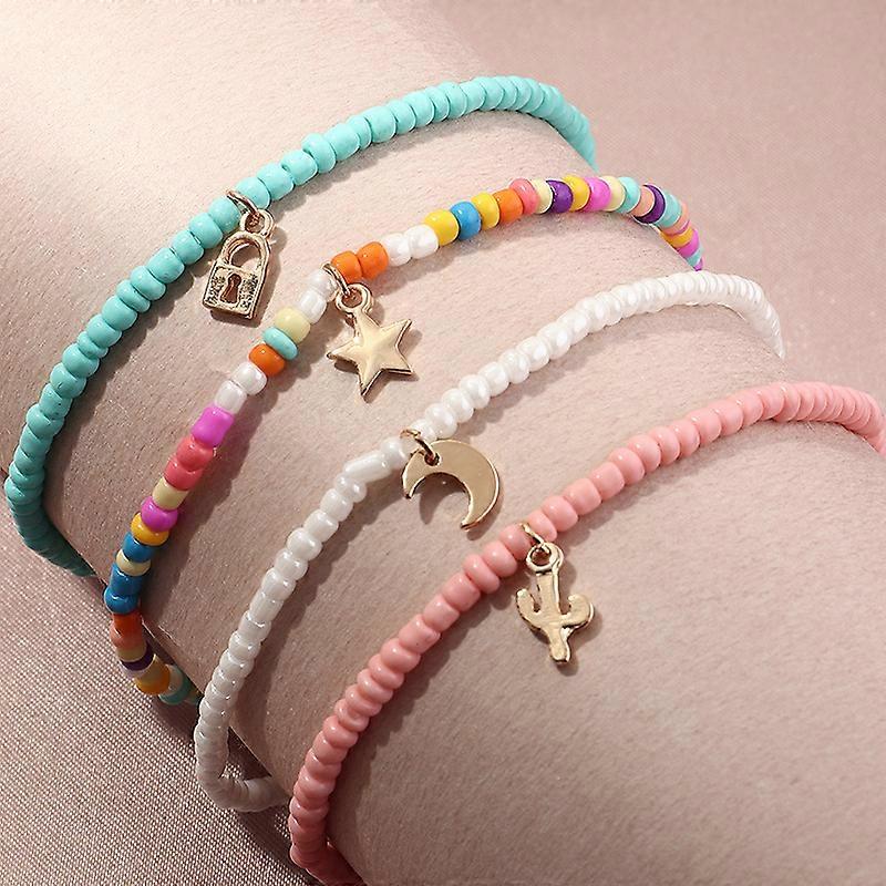 4pcs Boho Handmade Beaded Anklets Multicolor Rainbow Ankle Bracelets