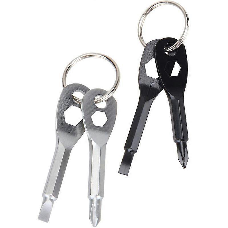 2 Pieces Keychain Screwdriver Tools,Mini Multi-Function Pocket Tool,4 in 1 Cross Head Flat Head Screwdriver Tool Set(Black,Silver)