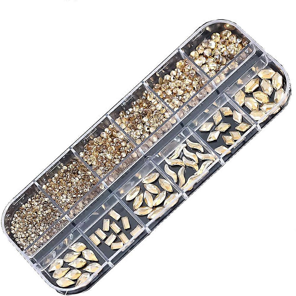 Κρύσταλλοι Νυχιών AB Nail Art Στρας Χάντρες Flatback Glass Charms Gems Stones, 12 Μεγέθη για Νύχια Διακόσμηση Μακιγιάζ Ρούχα Παπούτσια (Χρυσό)