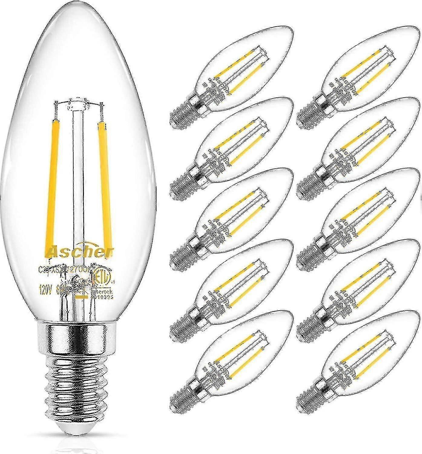 مصباح شمعدان كلاسيكي E12 LED مكافئ 40 واط أبيض دافئ 2700 كلفن، مصنوع من خيوط زجاجية شفافة غير قابلة للتعتيم، عبوة من 10 قطع