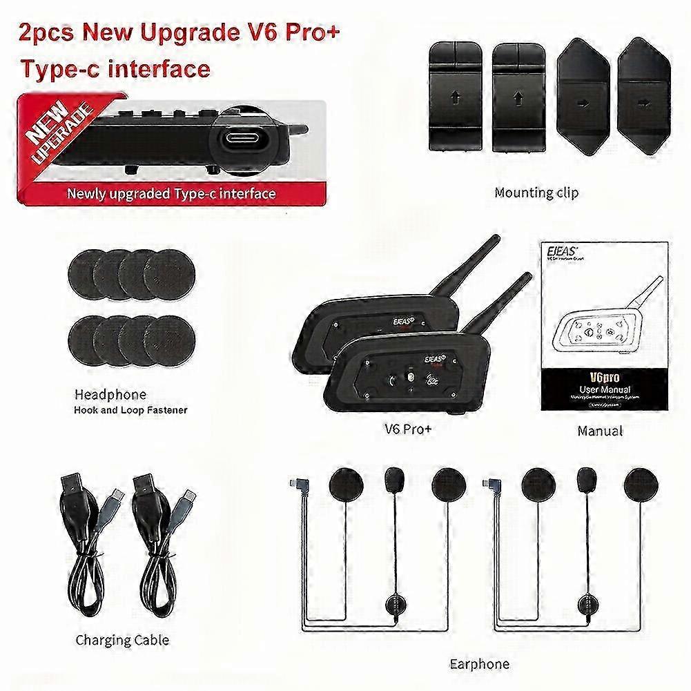 2pcs EJEAS V6 PRO+/PLUS Wireless Motorcycle Helmet Intercom Headset with 800M BT Interphone Communicator for 6 Riders Waterproof