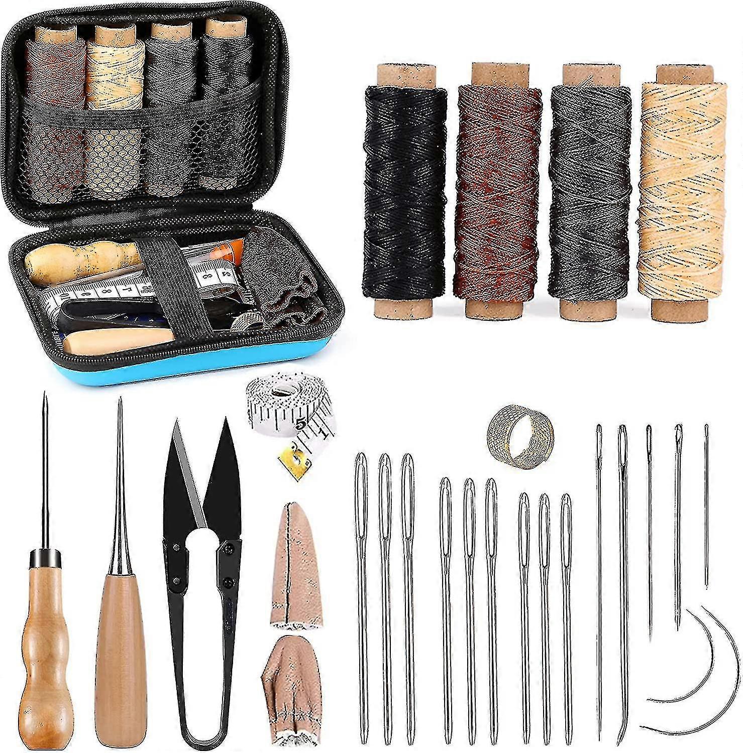 طقم خياطة جلدي ، أدوات ومستلزمات عمل جلدية ، طقم عمل جلدي مع إبر خياطة كبيرة للعين ، خيط مشمع ، إصلاح تنجيد جلدي-