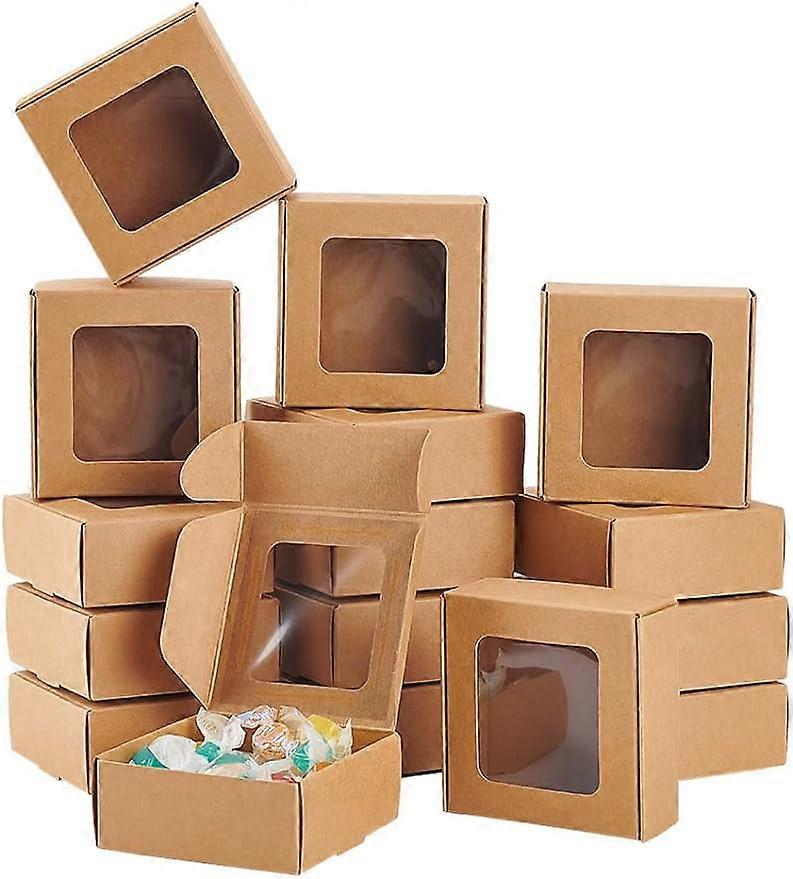 36Packs 3x3x1.2 Inch Brown Kraft Paper Box with Clear Windows Foldable Paper Gift Box Goodies Candy Box Dessert Box