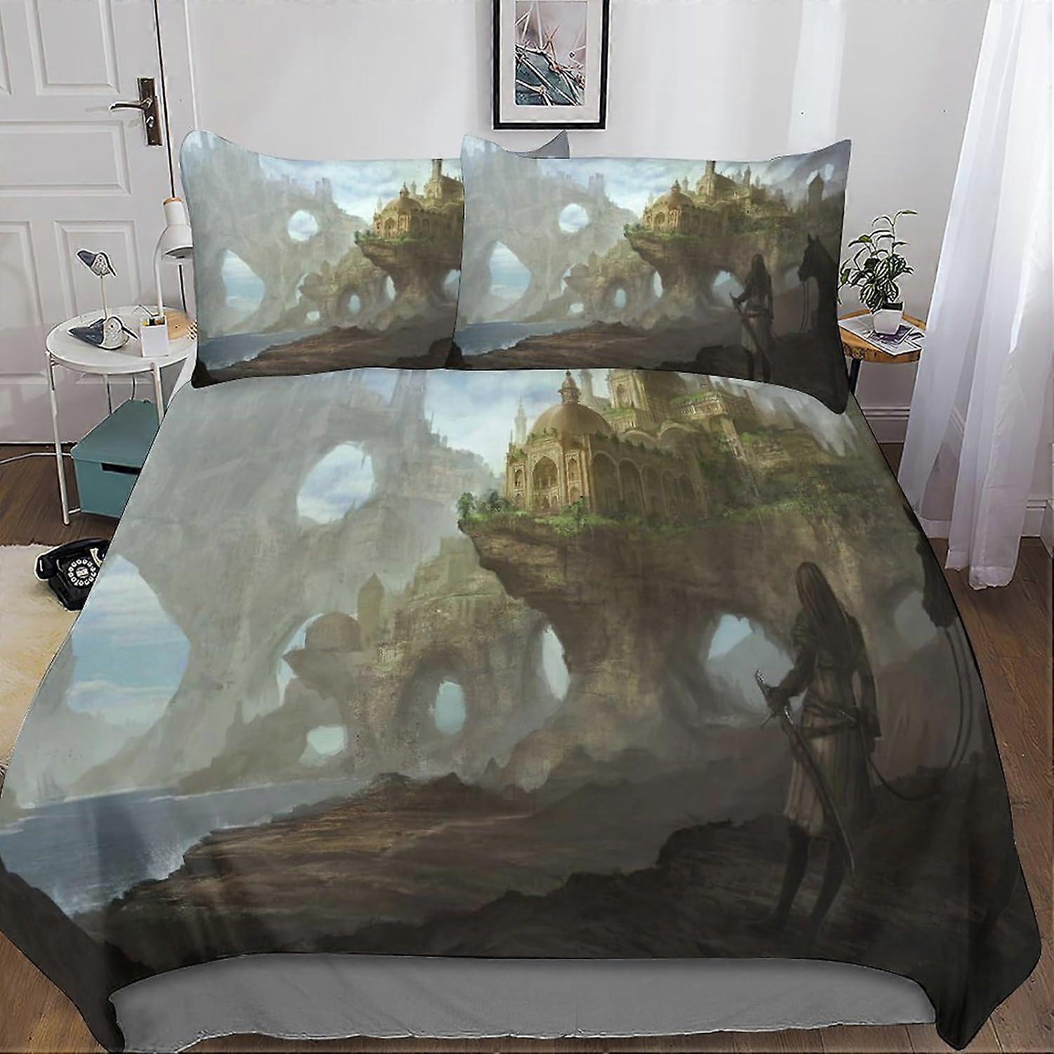 Medieval Castle Duvet Cover Fortress Bedding Set, Printed D Soft Microfiber with Pillowcase with Zipper Closure for Adults and Children's Rooms 135*2