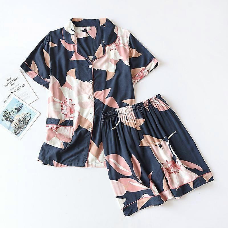 Damen Pyjama Set Kurzarm Shorts Home Pijima Lockerer zweiteiliger Anzug für Home Nachtwäsche Gedruckt Plus Size Weibliche Pijima