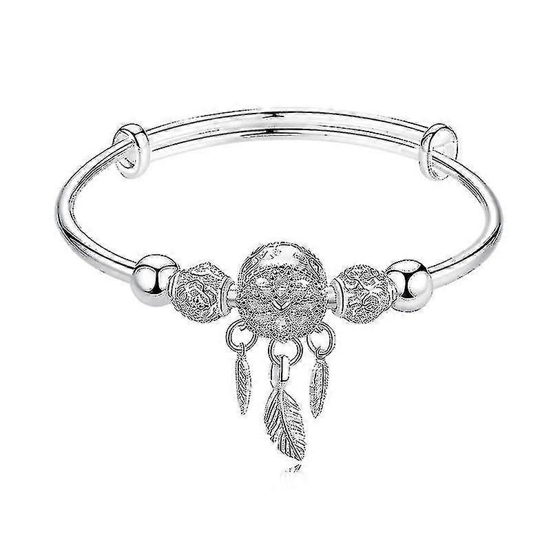 Adjustable 925 Sterling Silver Dreamcatcher Tassel Feather Round Bead Charm Bracelet &bangle