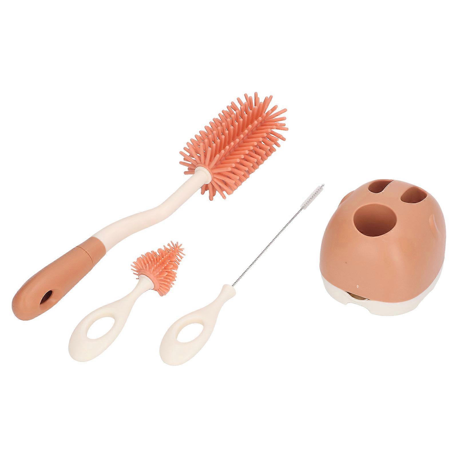 Baby Bottle Brush Set Ergonomic Handle Multipurpose Silicone Bottle Cleaning Brushes with Base for Nipple Straw Orange Rotatable