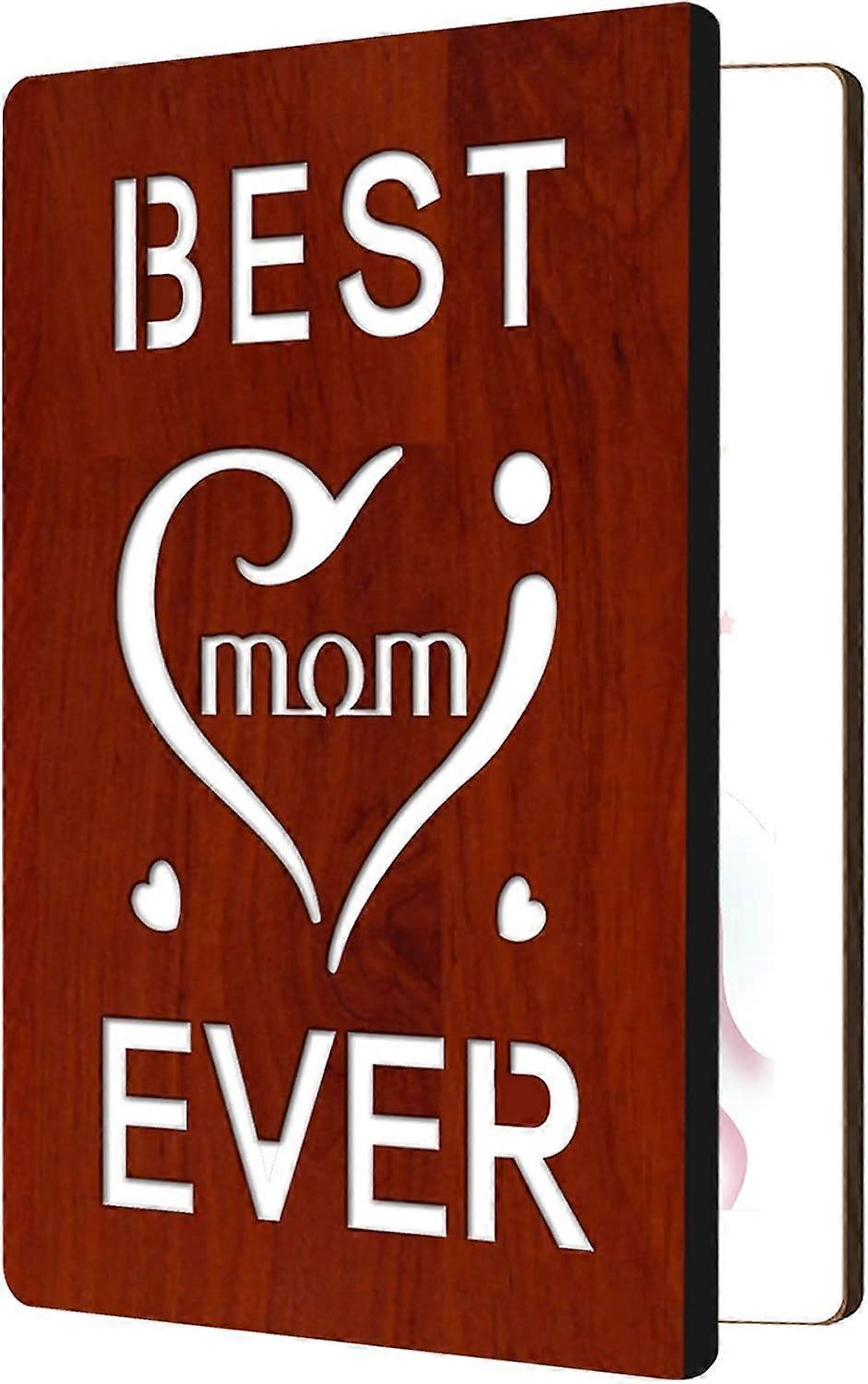 Best Mom Ever Greeting Card with MDF Wood Hollow Out Heart Pattern and Words Design Handwritten Card with Envelope for Mom Birthday Mother's Day