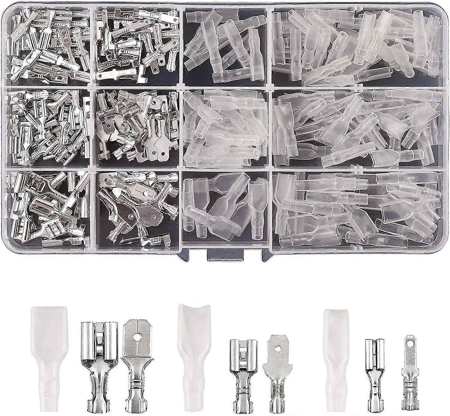 270 stuks 2,8 mm 4,8 mm 6,3 mm draadspadeconnector mannelijk en vrouwelijk Quick Splice Wire Crimp Terminal Block met isolerende huls assortimentsset voor doe-het-zelf Ele