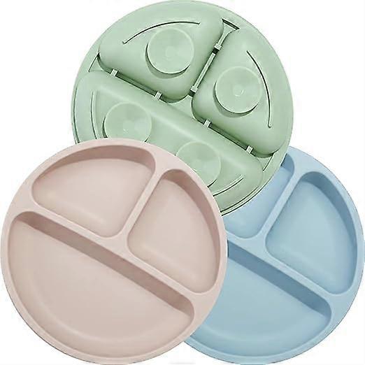 Silicone Plates with Suction Cup for Baby- Pack of 3- Tableware Set Non-Slip Plates with 3 Compartments- Unbreakable Divided- Dishwasher and Microwave