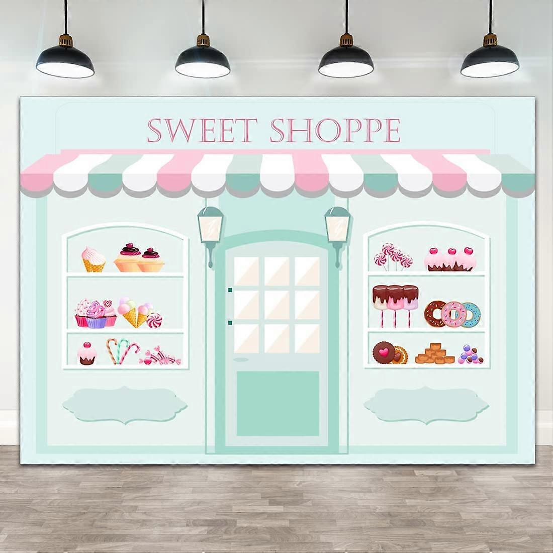 حلوة Shoppe خلفية الحلوى صالون للفتاة عيد ميلاد التصوير الفوتوغرافي خلفية أطفال حزب راية استحمام الطفل دونات كعكة الآيس كريم الجدول ديكور Photoshoo
