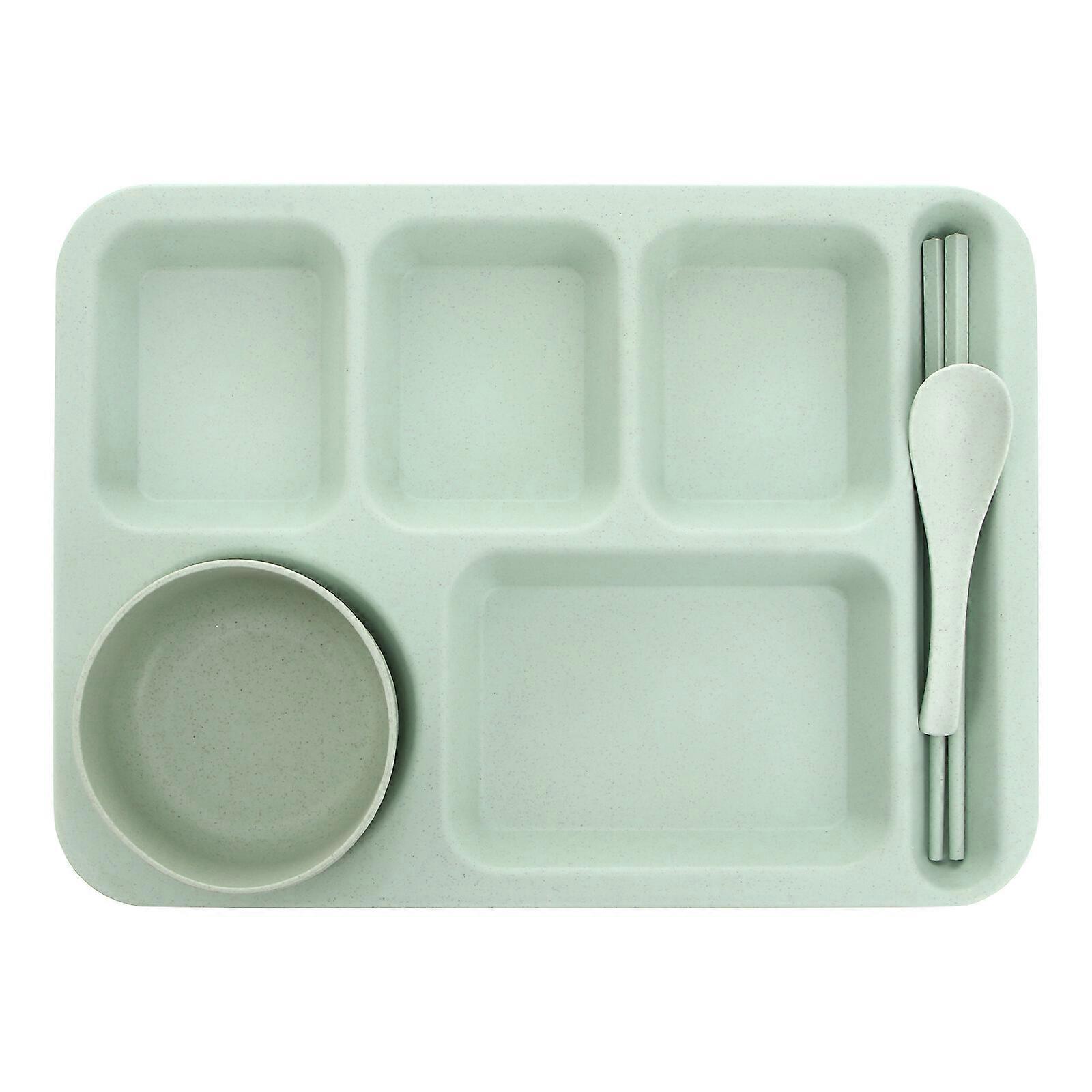 1 Set Creative Wheat Straw Bowl Exquisite Dinner Tray Drop-Proof Rice Dishes Separate Plates Cutlery Set (Green)