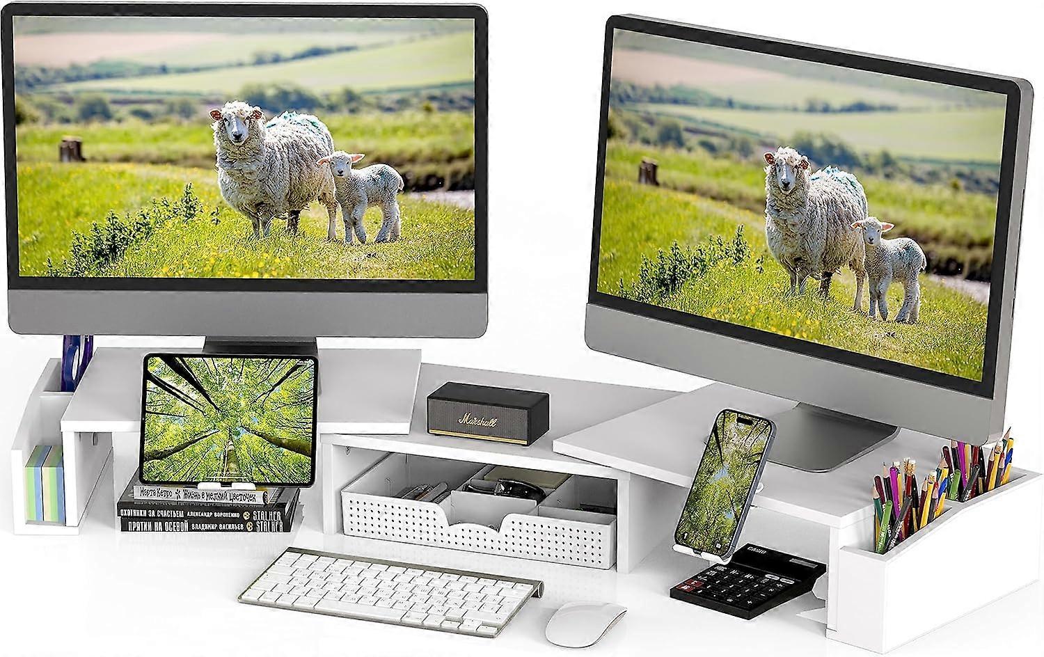 pleHouseware Dual Monitor Stand Riser met lade, Wit Wit