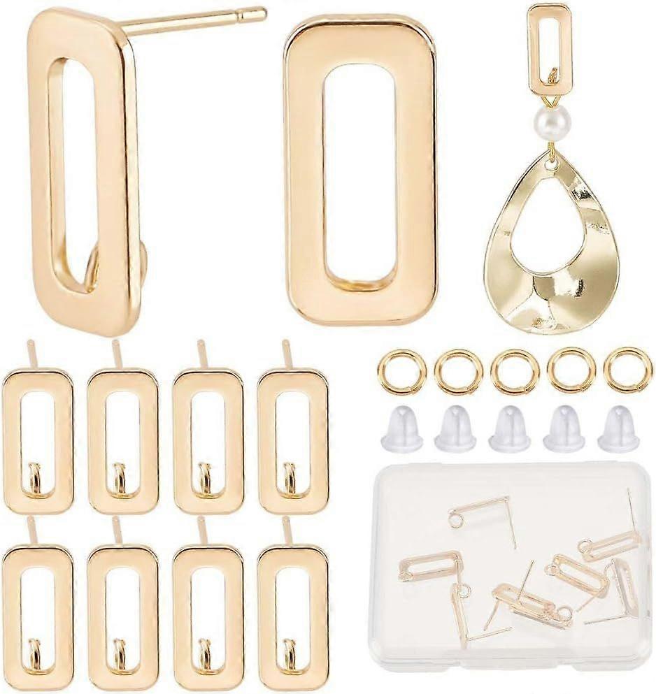 1 Box 28Pcs 18K Gold Plated Brass Stud Earring Findings Rectangle Earrings Studs Post Ear Stud with Vertical Loops and Ear Nuts Open Jump Rings for DI