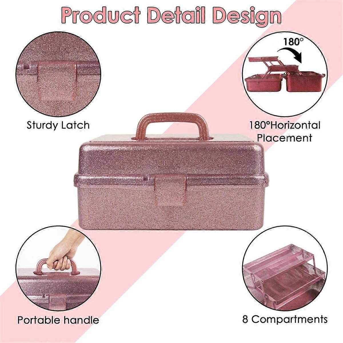Glitter Pink & Craft Tool Storage Box,3-Layer Stackable Carry Tackle Box Sewing Box Organizer for Art