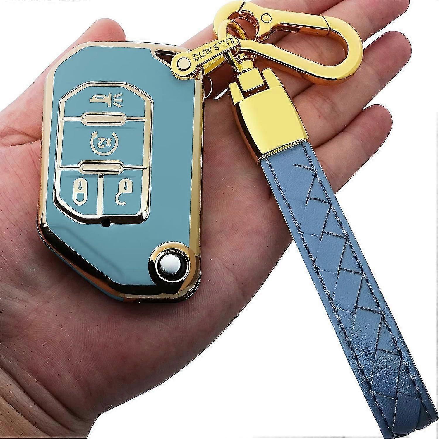 for Jeep flip key fob cover with Leather keychain,Fashion Soft TPU Protector Key Shell Compatible with Wrangler JL JLU Gladiator JT Rubicon remote fli
