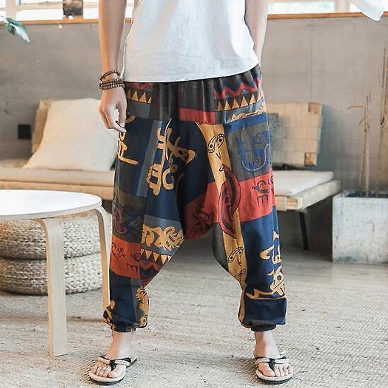 Cotton Men Loose Baggy Long Pants Floral Print Wide Leg Japanese Hakama Casual Vintage Trousers