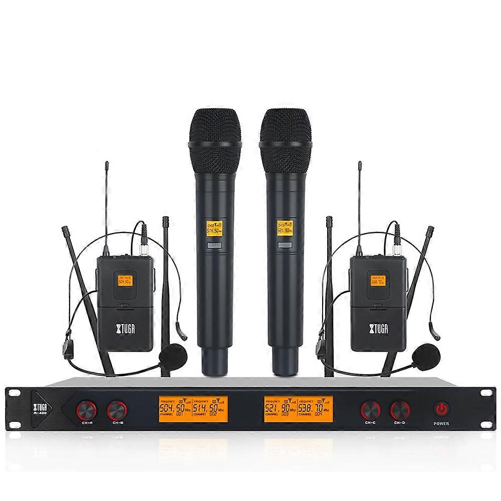 XTUGA A400-HB Professionelles 4-Kanal-UHF-Funkmikrofonsystem mit 2 Handmikrofonen und 2 Headset-Mikrofonen