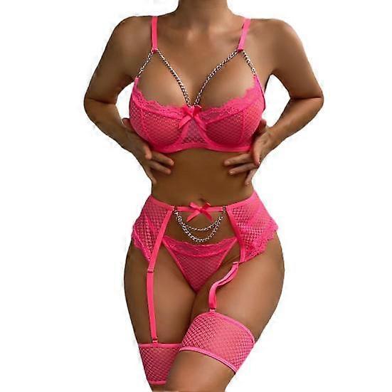 1 Set Sexy Bra Panties Girdle Set Hollow Out See-through Lace Chain Decor High Waist Fishnet Elastic Thin Honeymoon Underwear Set