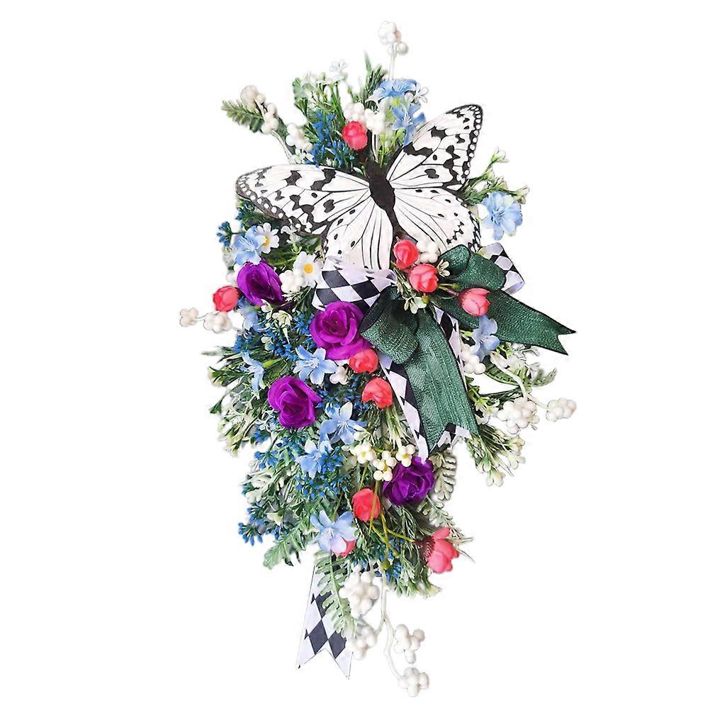 Rose Butterfly Wreath Spring Fantasy Wreath Artificial Spring Wreath with Butterflies for Indoor and Outdoor Decor