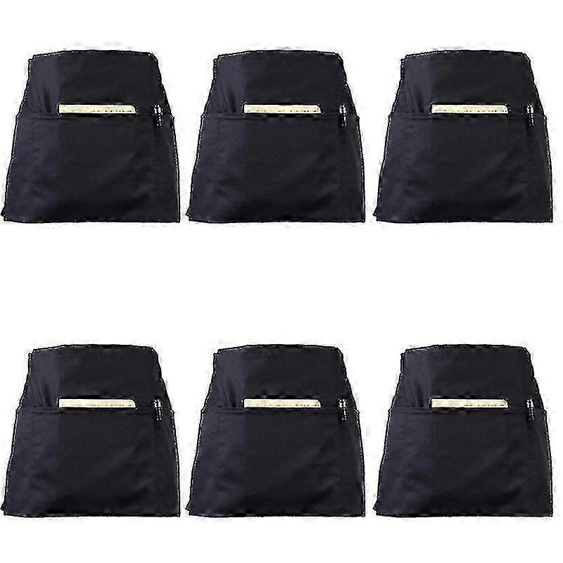6-Pack Black Server Waist Aprons with 3 Pockets - 24x12 Inch Half Aprons for Waitresses & Waiters