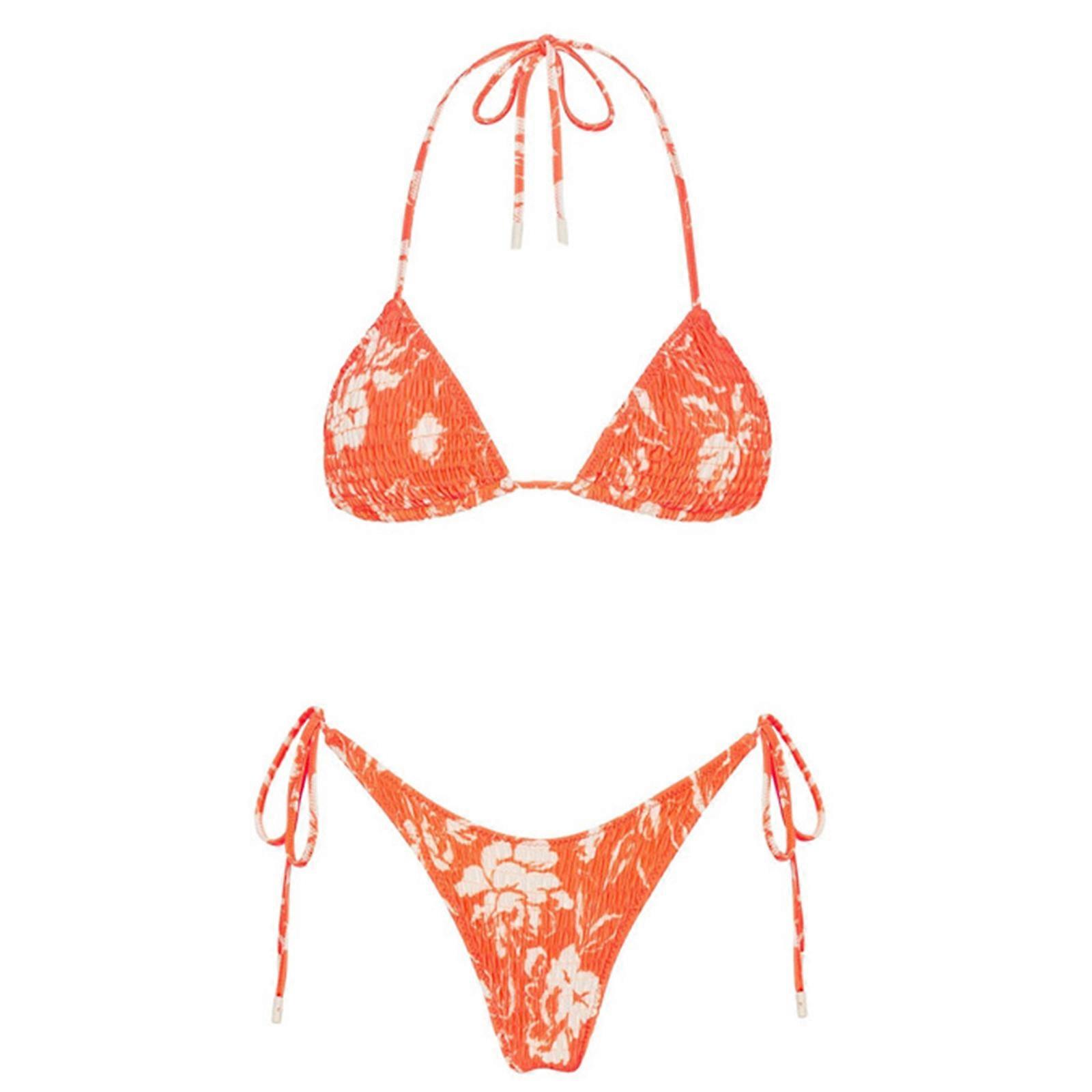 Γυναικείο Split Μαγιό Στρινγκ Άνετο 2-Pieces Strappy Μαγιό Wrap High Cut Beachwear Halter String Bikinis Set πορτοκαλί λουλούδι L