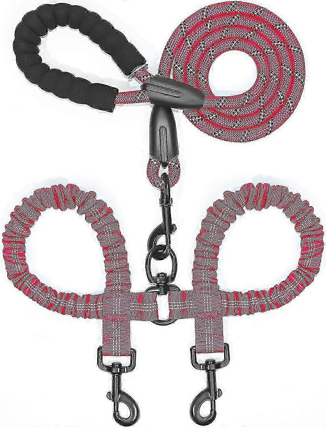 Double Dog Leash, 360 Swivel No Tangle Walking Leash, Shock Absorbing Bungee, Rose Red, (25-150 Lbs)