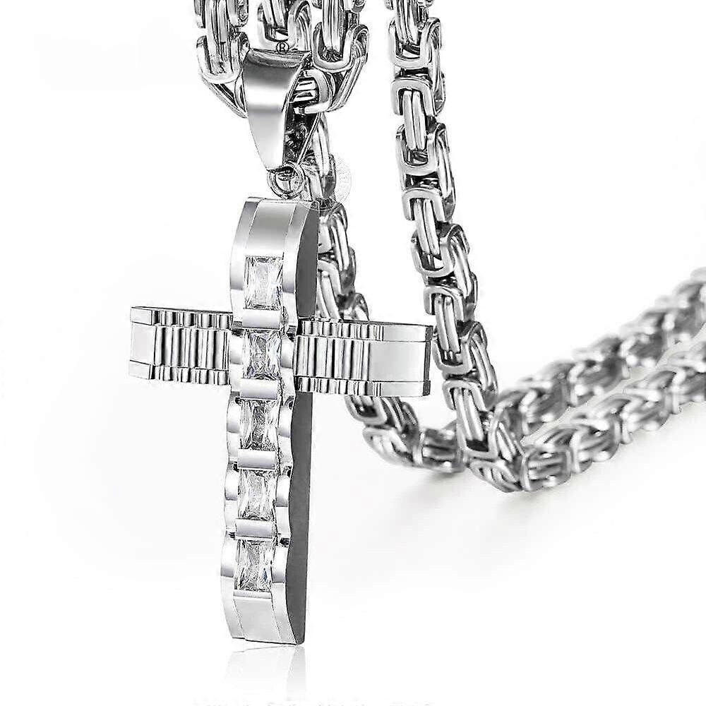 Cubic Zirconia Cross Pendant Stainless Steel Byzantine Box Chain Necklace for Men Punk Hiphop Jewelry Gift