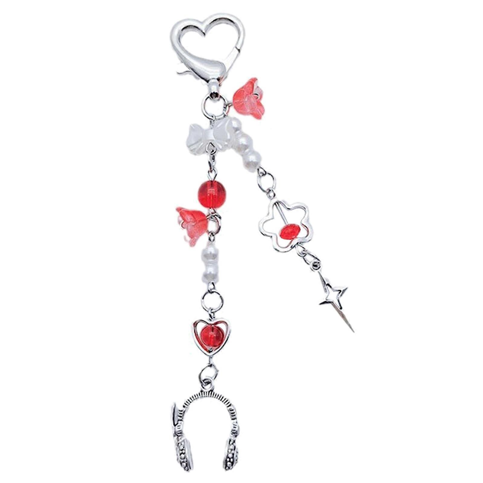 Pink Plush Pompoms Pendant Keychain Heart Crystal Beaded Keyring Unique Phone Chain for Students Pompon Charm Keyholder