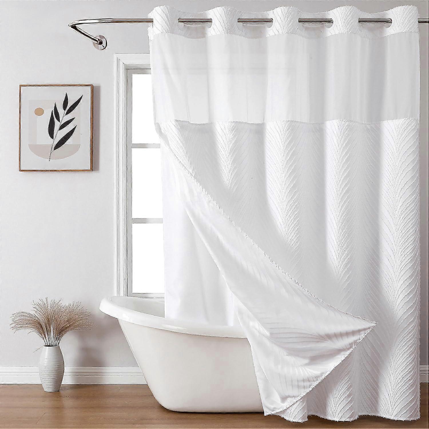 No Hook Shower Curtain and Liner Set Tufted Textured Snap-In Liner Waterproof Fabric Boho See Through Top Window White 71x74