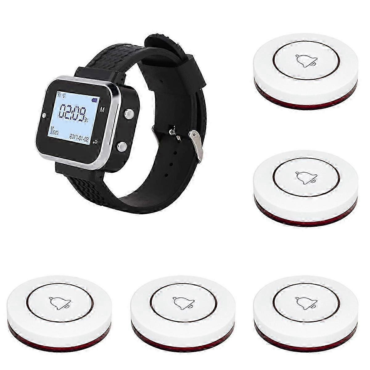 Wireless Calling System 5 Table Call Button Transmitters 1 Watch Pager, Restaurant Waiter Service Bell Buzzer C