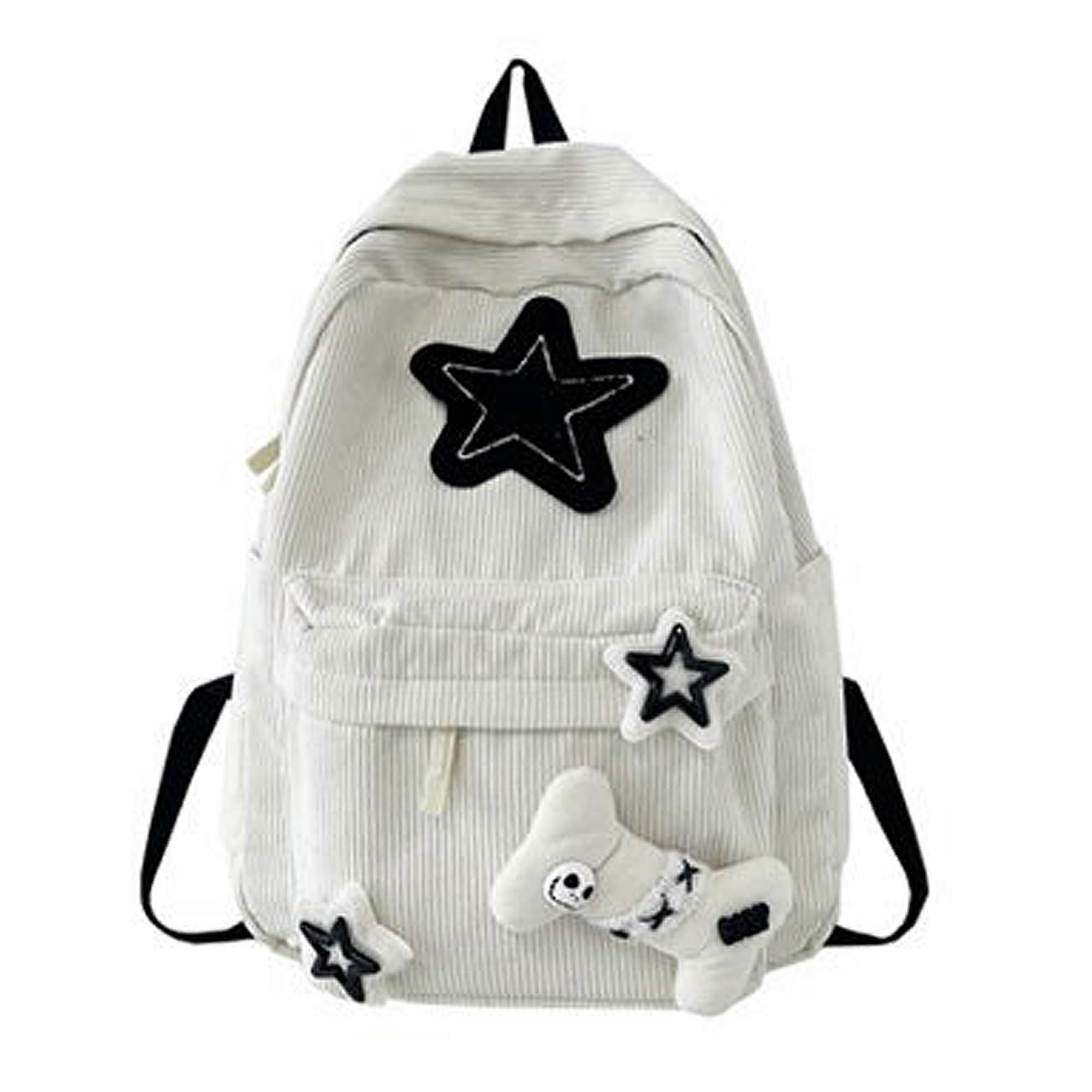 Backpack for Laptops Up to 15.6 Inches, Large Capacity Double Shoulder Bag with Adjustable Straps, Kawaii Star Design, White