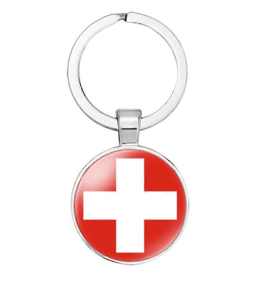 Swiss National Flag Key Chain Stainless Steel Keychain for Men and Women with Inlay Glass, Durable Gift Accessory