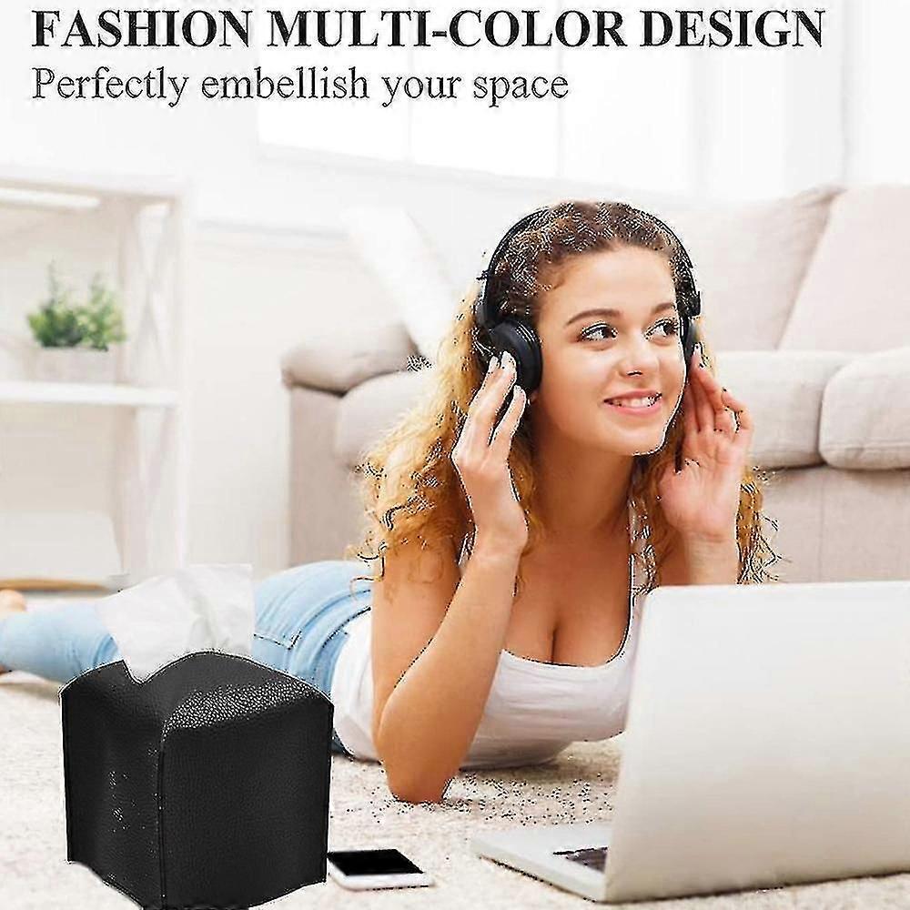 Tissue Box Cover Holder Square Pu Leather Facial Tissue Box -black