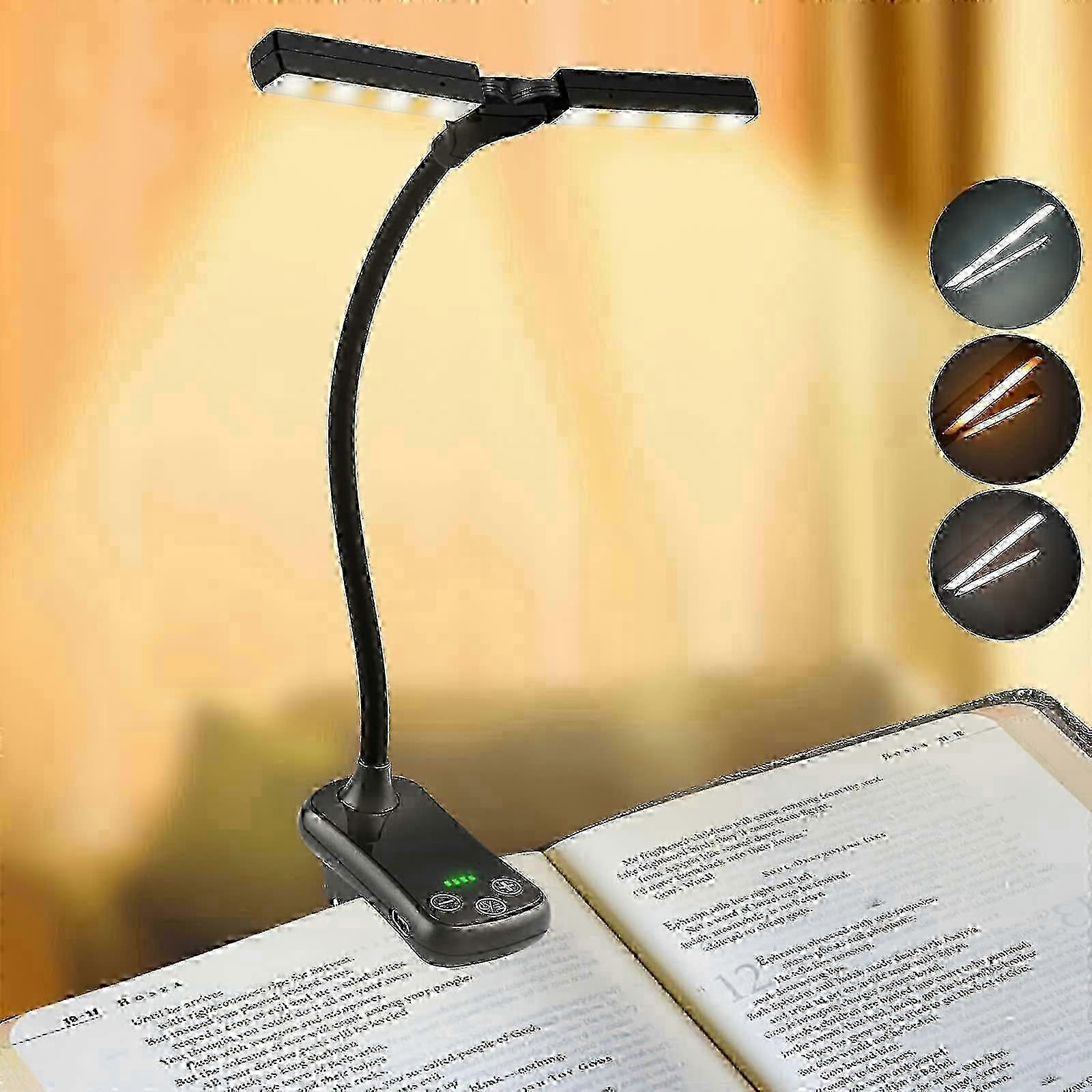 14 LEDs Reading Light Book Clip with 2 Heads, USB Rechargeable Clip Light Book Light with 3 Lighting Modes, Stepless Dimming, Battery Indica  A-G