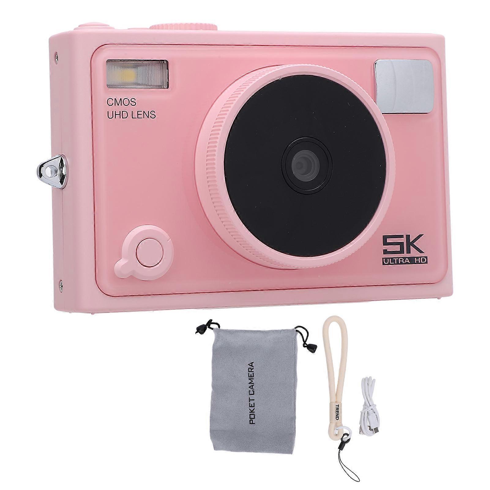 5K 72MP Digital Camera, Dual Front and Rear Camera, 2.8-inch IPS Display, Compact, with Special Effects Filters, Slow Motion Shooting, 1300mAh, Pink