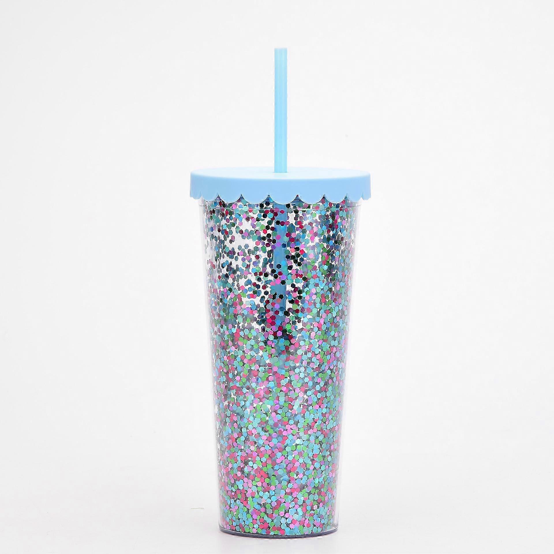 2022 كوب بلاستيكي جديد مزدوج الطبقة بسيط شفاف الترتر بريق القش كوب ماء صيفي كبير السعة