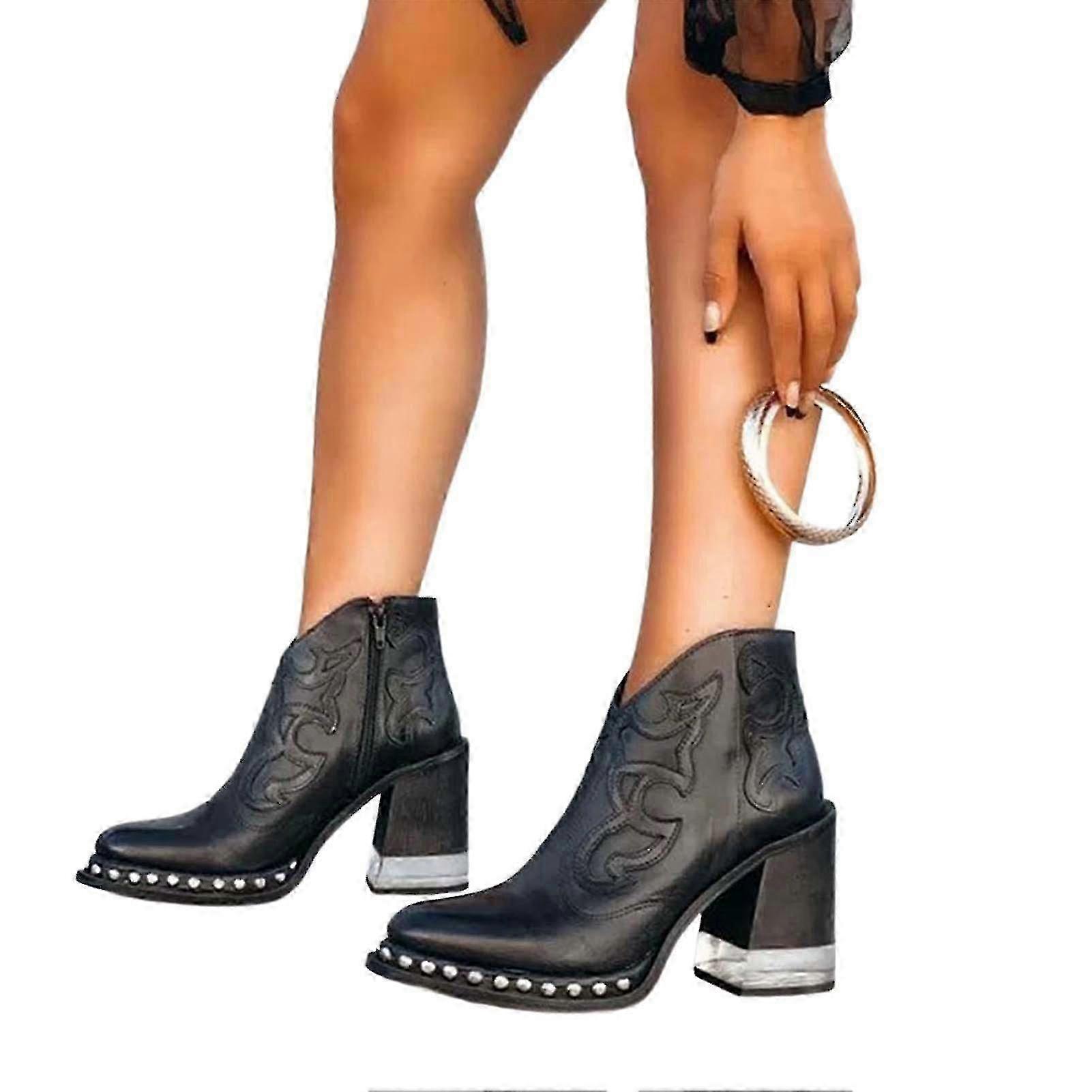 Femei Broderie Gleznă Retro Bloc Tocuri Pantofi Toc Înalt Scurt