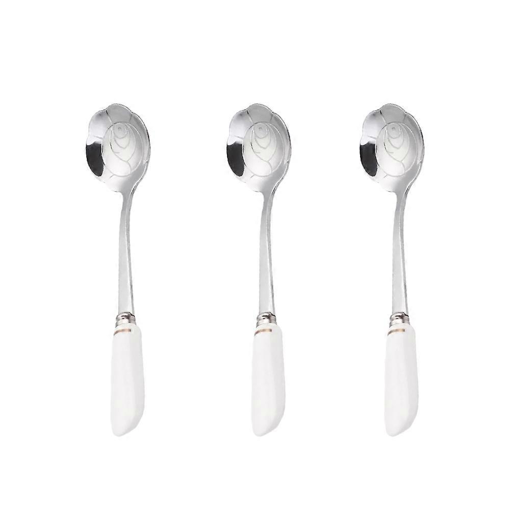 Rose Shape Spoons Ceramic Handle Stirring Spoons for Kitchen Home White Silver 3Pcs