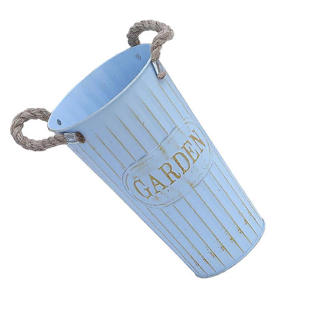 Iron Flower Bucket Rope Cylindrical Office Vase Blue 25*15cm Retro Style 1Pcs