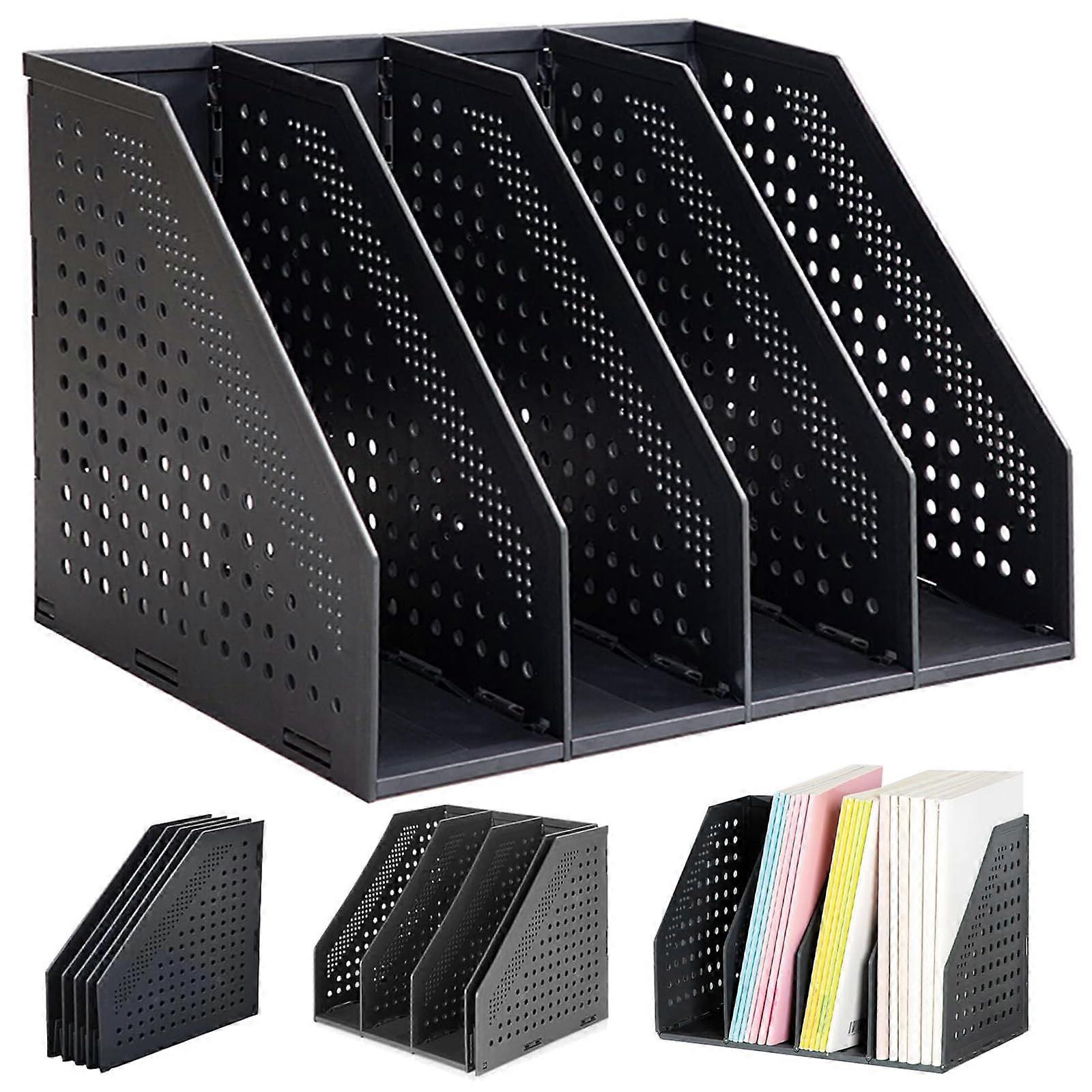 Foldable Magazine File A4 Holder Dark Grey, 4 Compartment Adjustable Organizer for Home, School, Office, Documents