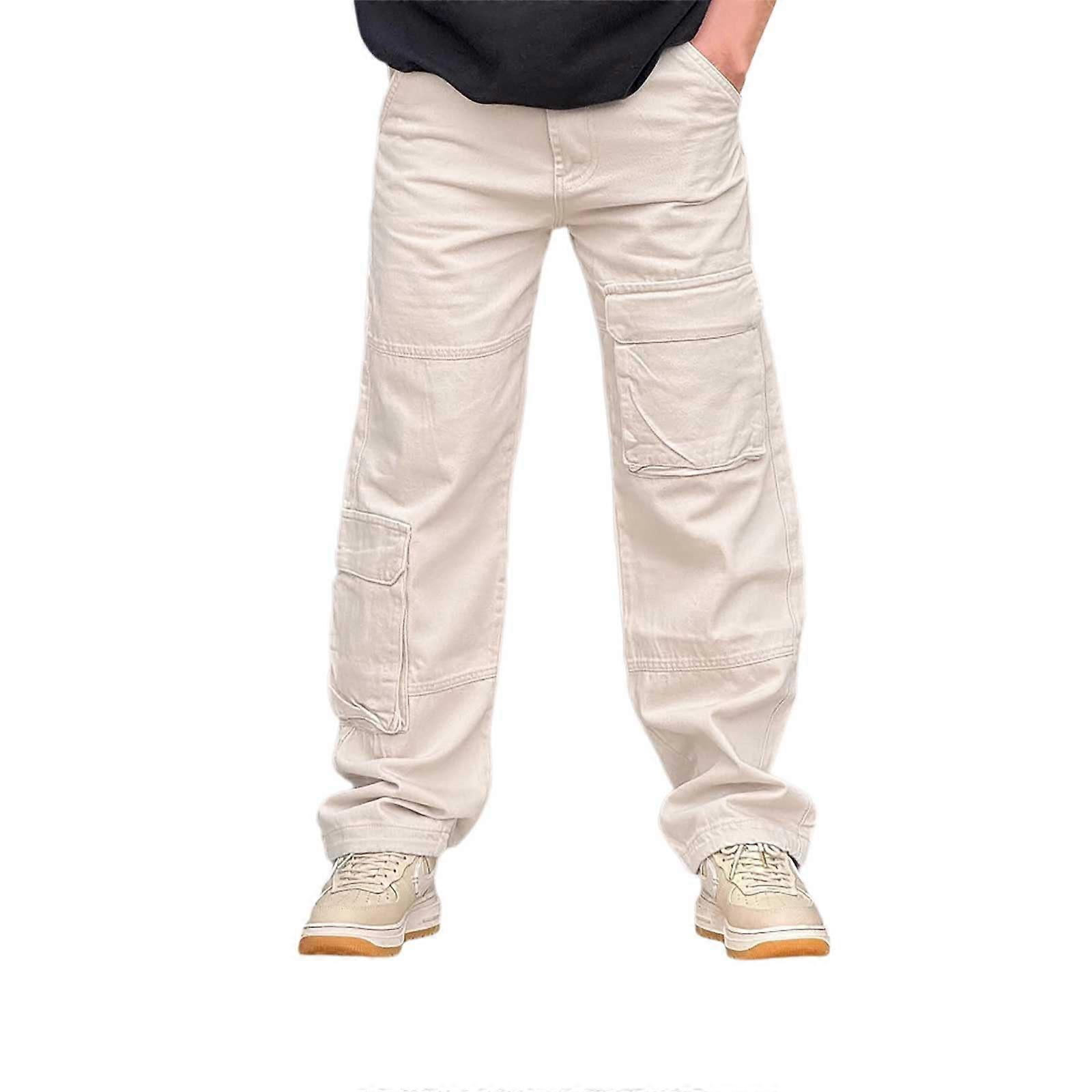 Cargo Trousers Men's Autumn Winter Cotton Jogging Bottoms with Elastic Waist XXL White
