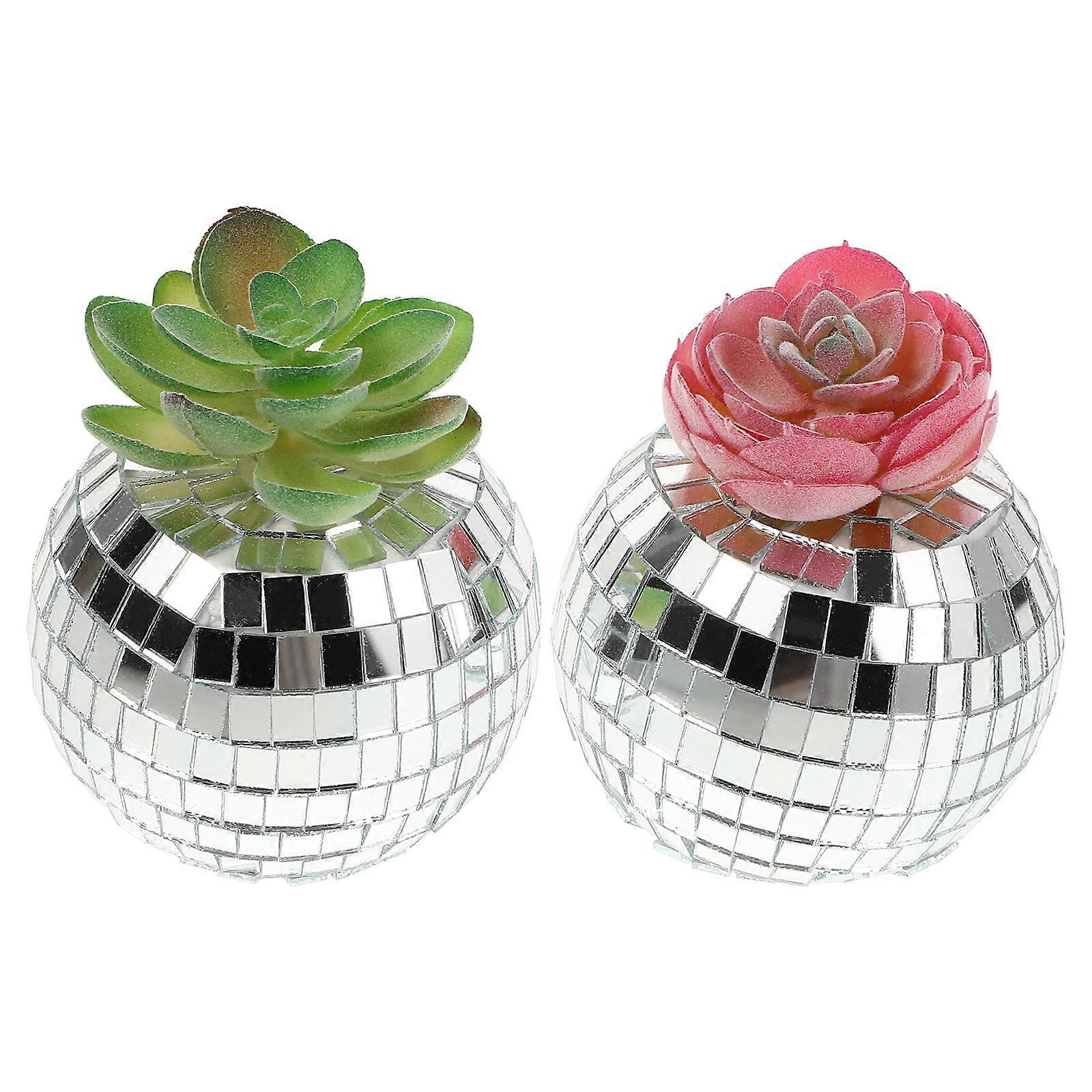 Disco Ball Mini Artificial Succulent Plants Square Pot Glass Material Versatile Placement 3.5×3.1×3.1in 2Pcs