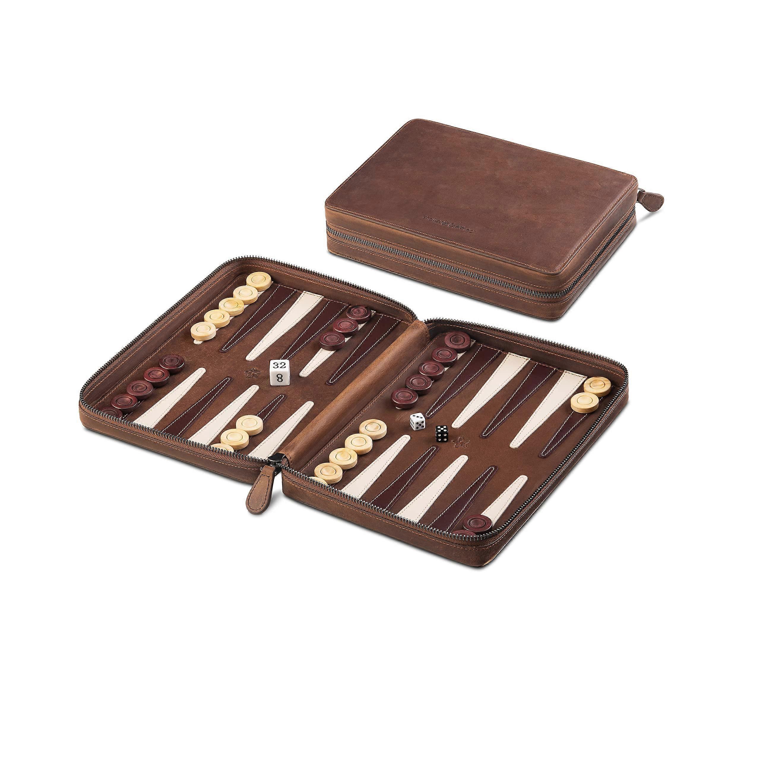 B-Ware Backgammon Deluxe Travel Set – Vintage Genuine Leather Board with Handmade Wooden Tiles, Visual Defects