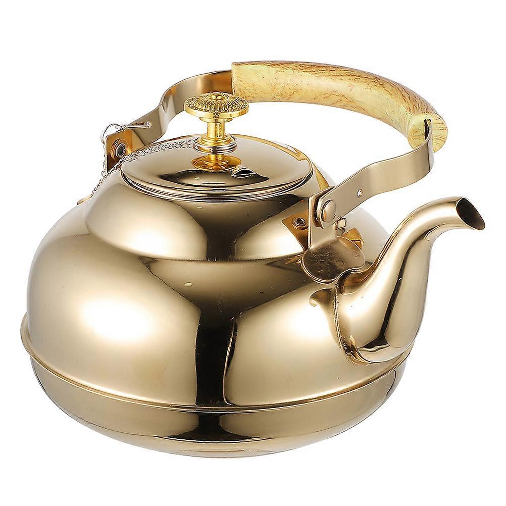 Golden Tea Kettle with Wood Handle and Builtin Filter for Stovetop Use 1.5 L Capacity Stainless